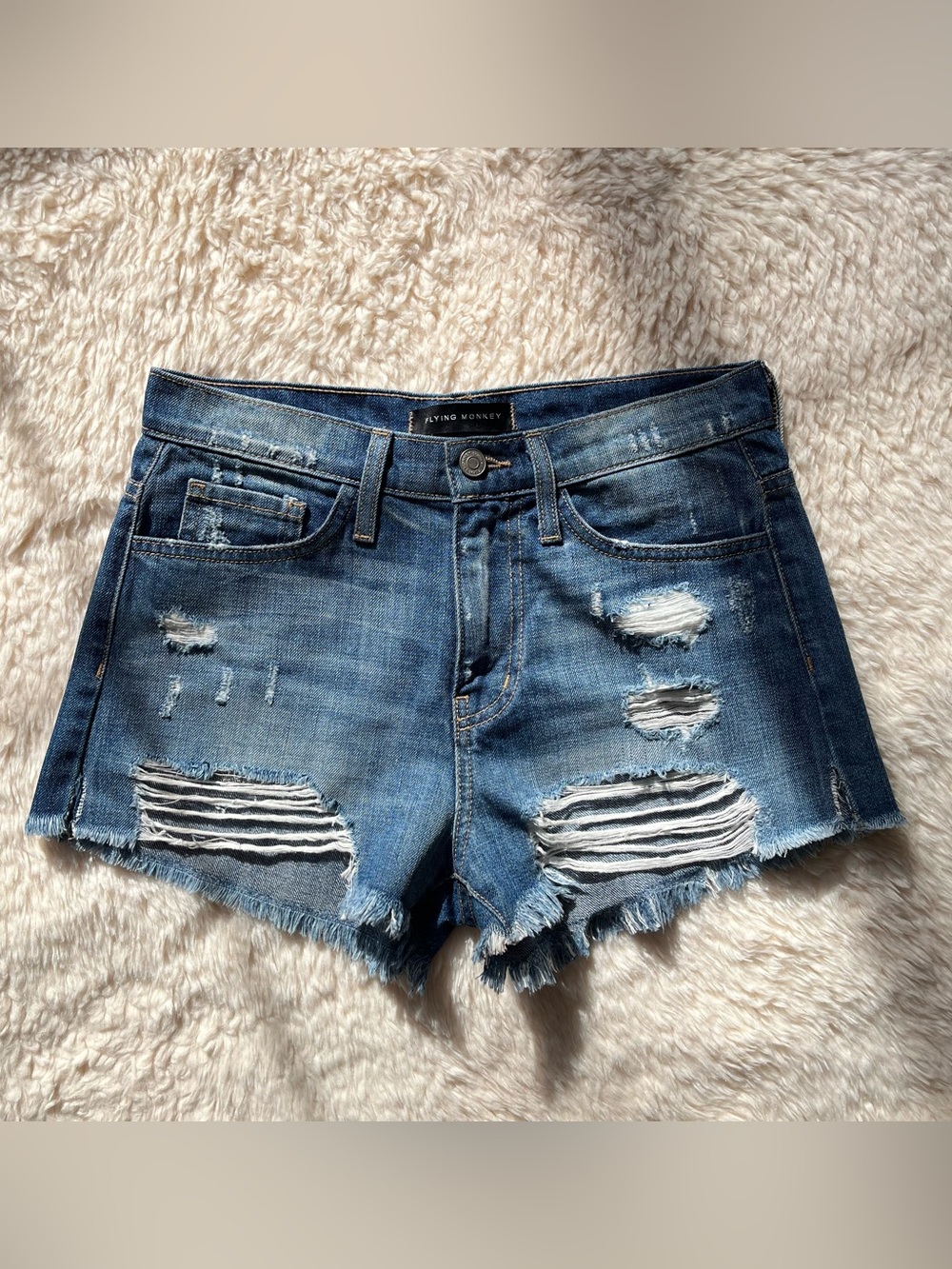 Flying Monkey Distressed Denim Cut Off Jean Shorts Mid-Rise Raw Hem Women’s 24